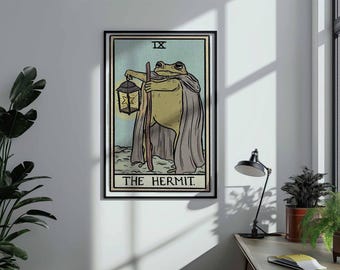 Stampa dei tarocchi della rana eremita / Arte vintage in stile stregonesco cottagecore goblincore (tela incorniciata)