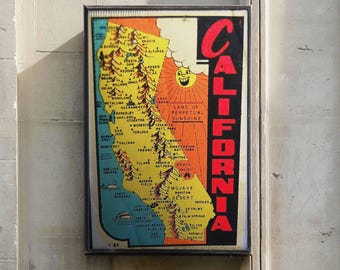 Vintage California Map Poster | Retro Travel Wall Art | Land of Perpetual Sunshine | Framed Canvas Print | West Coast Decor