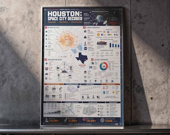 Plakat z infografiką Houston | Mapa danych Space City w Teksasie | Nowoczesny wystrój biura | Oprawiony wydruk na płótnie