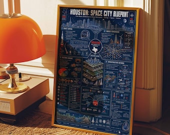 Poster con la planimetria di Houston Space City / Infografica del Texas da appendere al muro, decorazione tecnologica NASA (tela incorniciata)