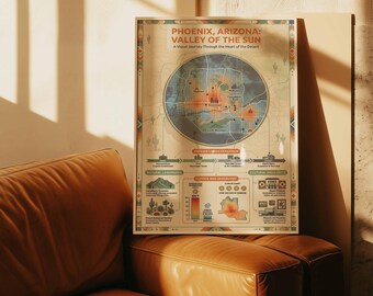 Plakat z infografiką „Dolina Słońca” w Phoenix w Arizonie | Mapa miasta na pustyni | Oprawione płótno | Wydruk artystyczny do wystroju wnętrz w południowo-zachodniej części USA