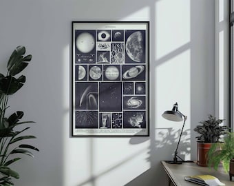 Plakat astronomiczny w stylu vintage z Francji | Czarno-biała grafika ścienna z Układem Słonecznym | Wystrój Dark Academia Space | Oprawiony wydruk na płótnie