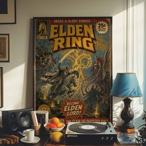 Elden Ring Comic-Poster | Retro-Gamer-Wandbild | Fantasy-Videospiel-Dekoration (gerahmte Leinwand)