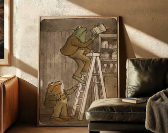 Stampa del libro di fiabe "Rana e Rospo" / Quadro vintage in stile cottagecore per la cameretta dei bambini (tela incorniciata)