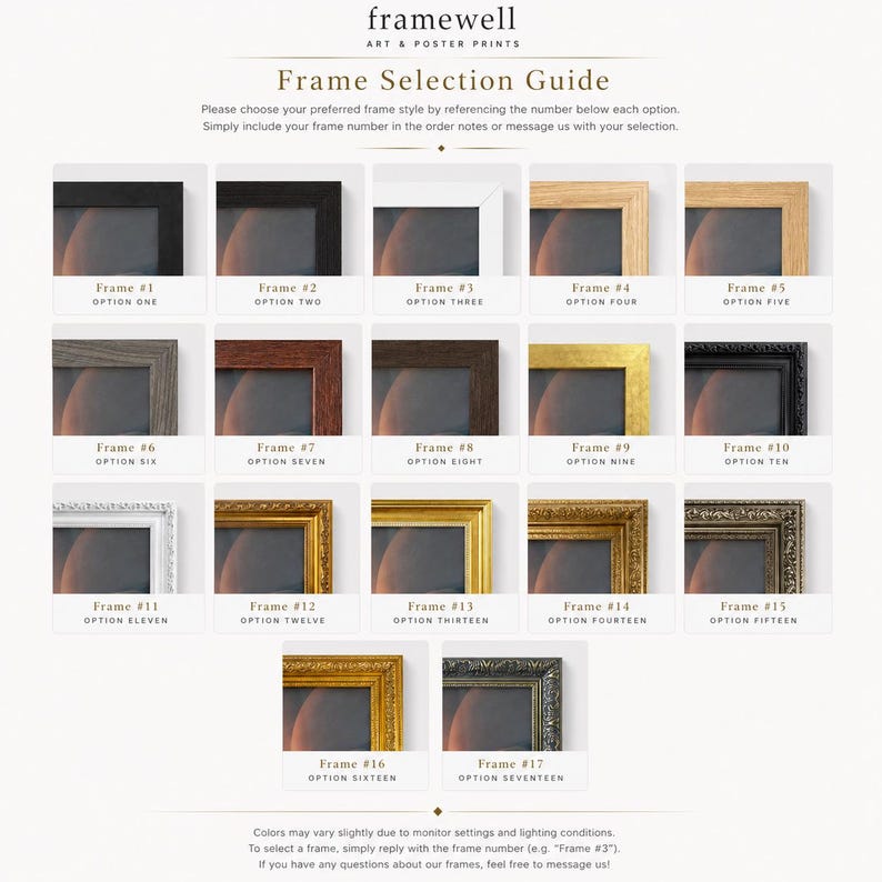 The image is a guide for selecting frames from a collection of various frame styles and options, providing a visual representation of the different choices available.