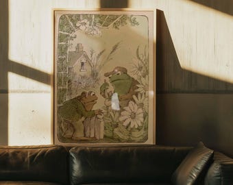 Stampa con illustrazione di rana e rospo / Decorazione murale vintage in stile cottagecore per la cameretta dei bambini