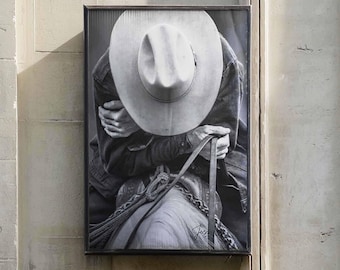 Vintage Cowboy Poster | Western Americana Wall Art | Rustic Farmhouse Wall Decor | B&W Framed Canvas Print