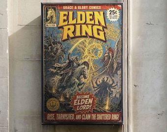 Elden Ring Comic Poster | Retro Gamer Wall Art | Fantasy Video Game Decor (Framed Canvas)