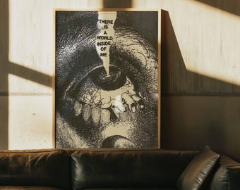 Surrealistyczne gotyckie oko | Plakat z makabrycznym motywem „World Inside Me” | Oprawione płótno w ciemnym grunge'u | Wystrój akademika w stylu retro | Czarno-biały horror