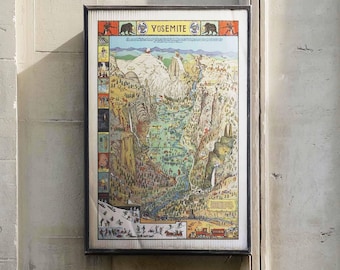 Vintage Yosemite Pictorial Map Poster | Retro National Park Wall Art | California Cabin Decor | Framed Canvas Art Print