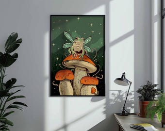 Poster con rana fata e fungo / Quadro con fungo stravagante, stampa su tela incorniciata