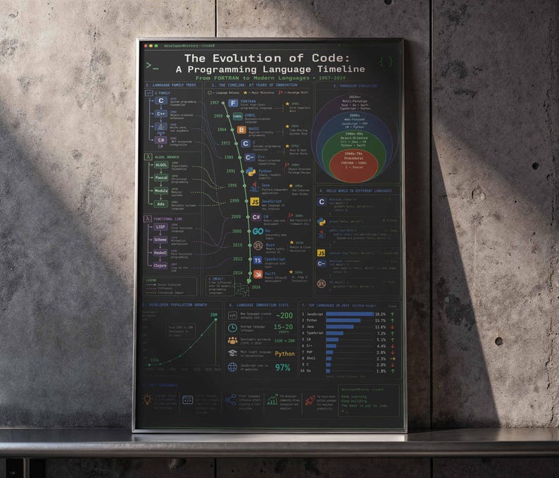 Poster zur Evolution des Codes | Zeitleiste der Programmiersprachen als Wandbild (gerahmter Leinwanddruck) Bild 7