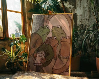 Poster della fiaba della rana e del rospo / Illustrazione vintage in stile cottagecore per la cameretta dei bambini (stampa incorniciata)