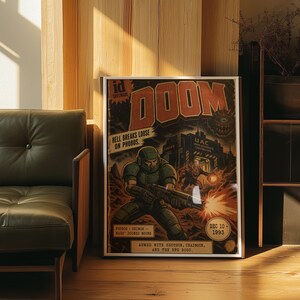 DOOM 1993 Vintage Comic Poster | id Software Retro Game Wall Art | Doomguy Gamer Decor | Sci Fi Horror Game Room