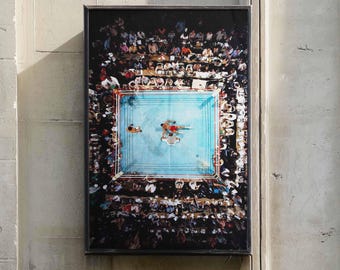 Overhead Boxing Poster | Vintage Sports Photography Wall Art | Framed Canvas Print | Man Cave Decor | Retro Match Wall Decor