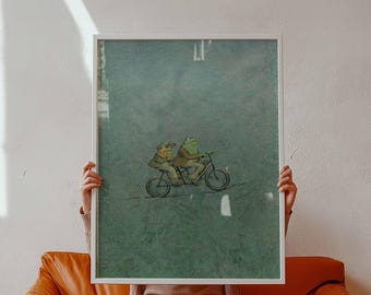 Stampa di una bicicletta con rana e rospo / Illustrazione fantasiosa, decorazione nostalgica per la cameretta dei bambini
