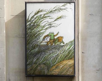 Poster vintage con rana, rospo e aquilone, ispirato a un libro di fiabe / Decorazione murale per cameretta in stile cottagecore (stampa su tela incorniciata)