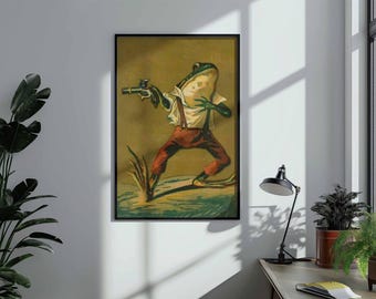 Funny Vintage Frog Gun Poster | Quirky Dark Academia Wall Art | Weirdcore Maximalist Decor | Framed Canvas Print