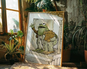 Stampa con illustrazione vintage di rana e rospo / Decorazione murale nostalgica in stile cottagecore per la cameretta (tela incorniciata)