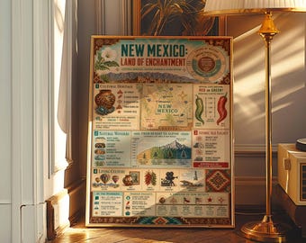 Plakat z infografiką Nowego Meksyku | Mapa Południowego Zachodu w stylu vintage | Oprawione płótno z historią pustyni | Wydruk artystyczny Krainy Zaklęć