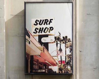 Vintage Surf Shop Poster | Retro California Beach Wall Art | Coastal Americana Decor Framed Canvas | 70s Surfer Art Print