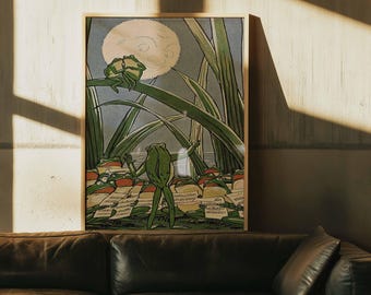 Poster vintage del coro di rane / Rane canterine stravaganti, quadro da parete con la luna (stampa su tela incorniciata)