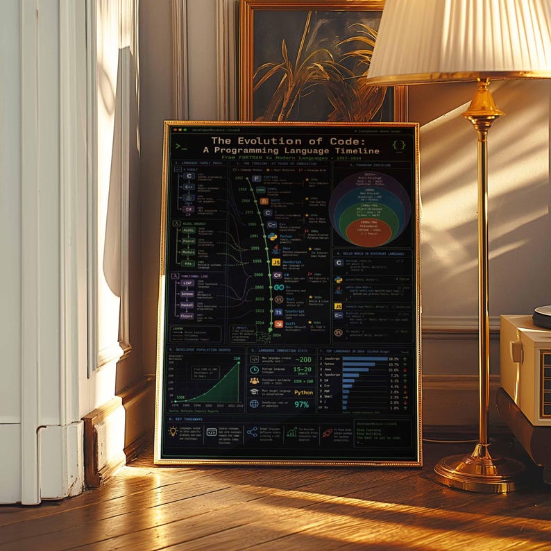 Poster zur Evolution des Codes | Zeitleiste der Programmiersprachen als Wandbild (gerahmter Leinwanddruck) Bild 5