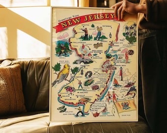 Plakat z mapą „Pozdrowienia z New Jersey” | Sztuka ścienna w stylu amerykańskim w stylu vintage | Oprawiony wydruk na płótnie | Retro wystrój podróżniczy w stylu New Jersey