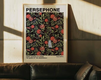 Plakat z mitologii greckiej „Persefona” | Grafika z granatem Dark Academia | Dekoracja ścienna z motywem czarownicy w stylu gotyckim | Oprawione płótno
