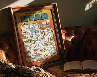 Plakat z mapą Utah w stylu vintage | Pozdrowienia z Utah – retro podróżnicza sztuka ścienna | Oprawione płótno | Dekoracja do parku narodowego | Wydruk artystyczny z podróży samochodem
