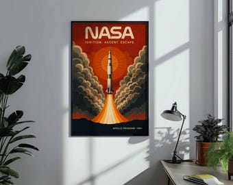 Poster del razzo Saturn V della missione Apollo 1969 della NASA / Arte murale retrò a tema spaziale in stile metà secolo