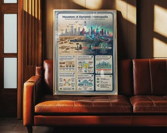 Poster infografico dello skyline di Houston / Opera d'arte murale della NASA raffigurante la città spaziale (stampa su tela incorniciata)