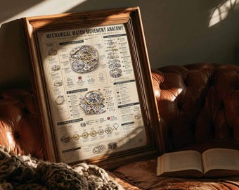 Stampa anatomica del movimento di un orologio meccanico / Arte orologiera svizzera (tela incorniciata)