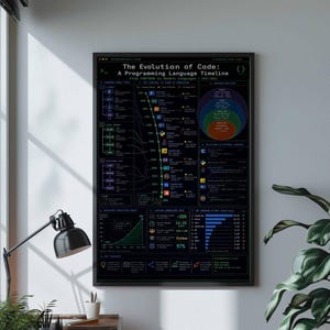 Poster med kodens utveckling | Väggkonst med tidslinje över programmeringsspråk (inramad canvastavla)