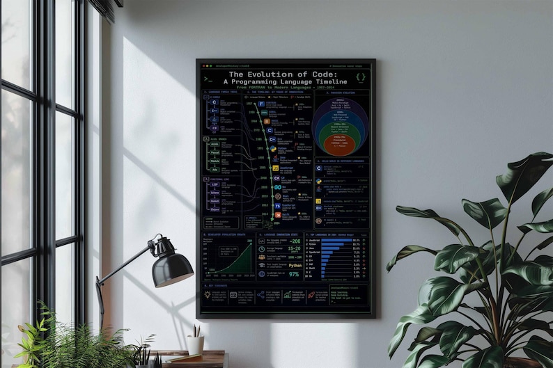 Poster zur Evolution des Codes | Zeitleiste der Programmiersprachen als Wandbild (gerahmter Leinwanddruck) Bild 1