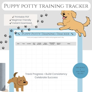May include: A Puppy Potty Training Tracker document featuring a light blue border, a cartoon golden puppy, and a grid for tracking bathroom habits. The page includes columns for date, time, location, accidents, and rewards, with paw print accents.