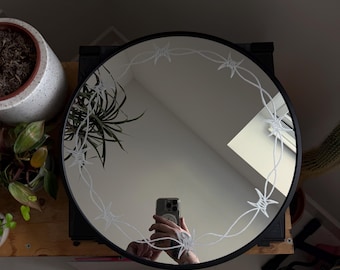 Hand Engraved Barbed Wire Mirror | Tattoo Inspired Gothic Home Decor (40cm)