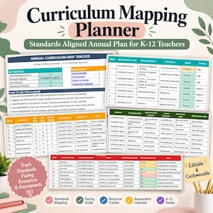May include: A digital curriculum mapping planner for K-12 teachers featuring an annual curriculum map tracker, pacing guide, and assessment calendar. The document includes tables for standards, unit names, status, and priority, with editable sections.