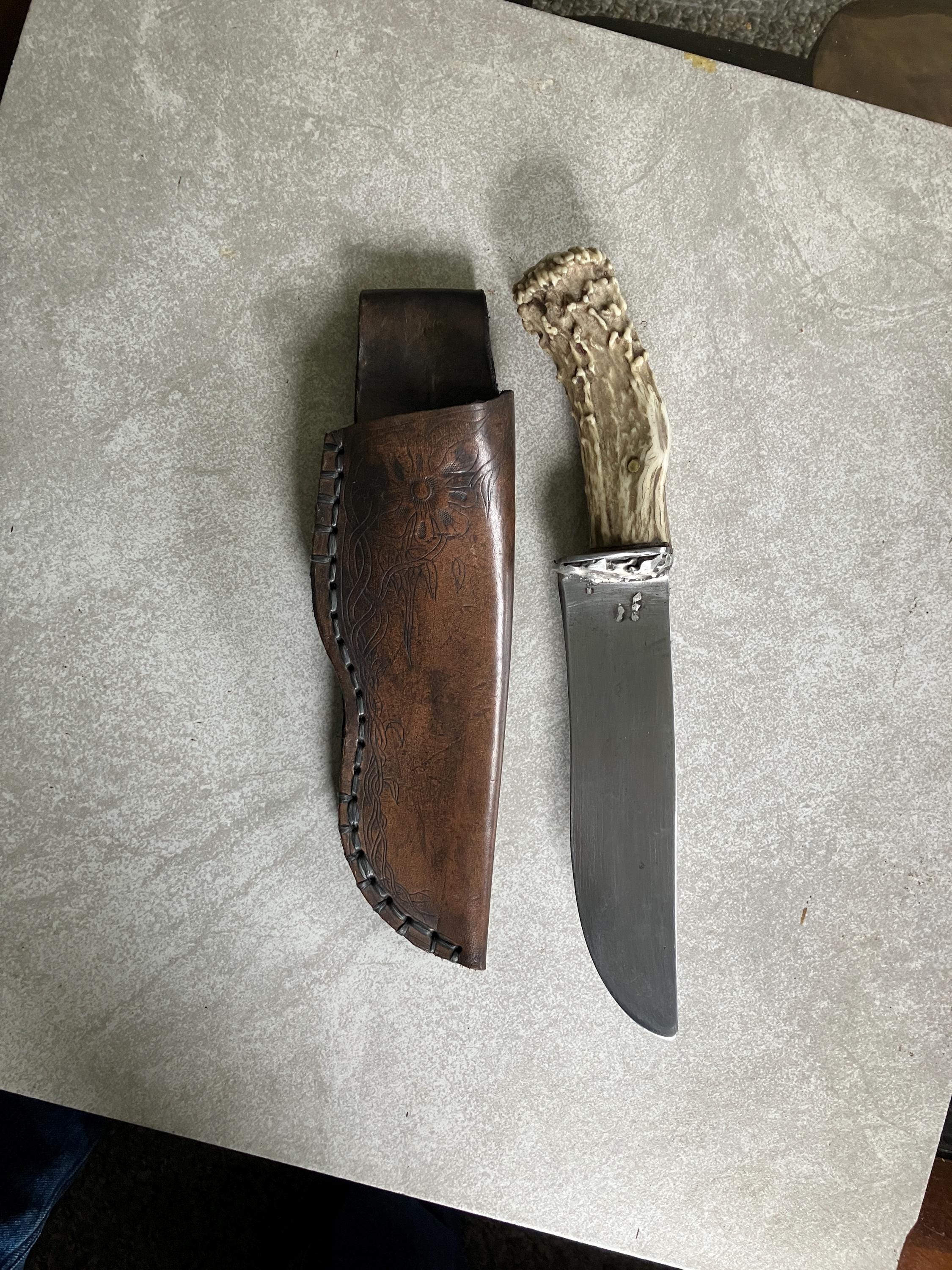 Custom High Carbon Steel Blade Knife with Crown Stag Handle, leather sheath