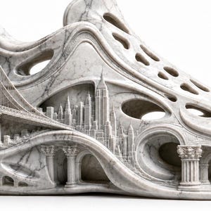 May include: A white marble sneaker featuring intricate relief carvings of the Brooklyn Bridge, the New York City skyline, and classical architectural columns. The shoe has a porous, molded design with cutouts throughout the upper structure.