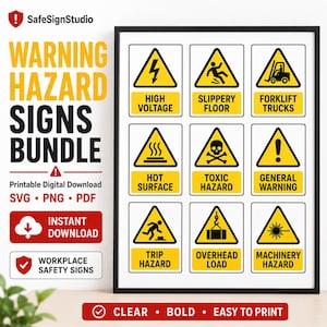 Puede incluir: Un paquete de descarga digital de nueve señales de advertencia de seguridad laboral en amarillo y negro, que incluye iconos de alta tensión, suelo resbaladizo, carretilla elevadora, superficie caliente, peligro tóxico, advertencia general y carga suspendida.