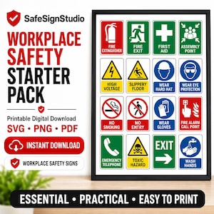 May include: A digital workplace safety starter pack featuring a collection of sixteen rectangular signs with red, green, blue, and yellow icons and text including Fire Extinguisher, Fire Exit, First Aid, Assembly Point, and various hazard warnings.