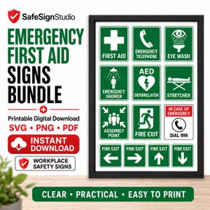 May include: A digital bundle of emergency first aid signs featuring green and white icons for first aid, emergency telephone, eye wash, shower, AED, stretcher, assembly point, and fire exit, with text including Dial 999 and SafeSignStudio.