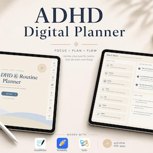 Könnte beinhalten: Zwei Tablets zeigen einen digitalen ADHS-Planer mit cremefarbener Benutzeroberfläche, dunkelblauem Text und Navigationssymbolen. Der Bildschirm zeigt Abschnitte mit der Beschriftung The ADHD & Routine Planner, Start here und verschiedene Kategorien.