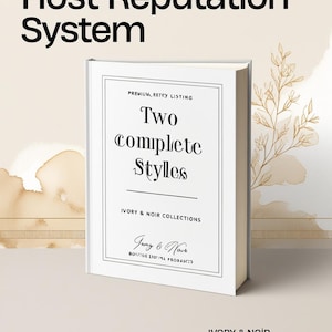 K&ouml;nnte beinhalten: Ein wei&szlig;es Hardcover-Buch mit dem Titel Two Complete Styles Ivory & Noir Collections und schwarzem Text auf dem Einband. Der Einband zeigt einen rechteckigen Rahmen und den Text Premium, Etsy Listing. Das Buch steht aufrecht vor einem beigen Hintergrund.
