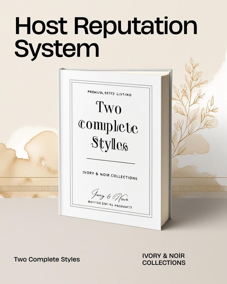 K&ouml;nnte beinhalten: Ein wei&szlig;es Hardcover-Buch mit dem Titel Two Complete Styles Ivory & Noir Collections und schwarzem Text auf dem Einband. Der Einband zeigt einen rechteckigen Rahmen und den Text Premium, Etsy Listing. Das Buch steht aufrecht vor einem beigen Hintergrund.