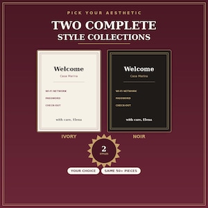 K&ouml;nnte beinhalten: Zwei rechteckige Willkommensschilder f&uuml;r Casa Marina, eines in Elfenbein und eines in Schwarz, mit Text f&uuml;r WLAN-Netzwerk, Passwort und Check-out. Die Grafik enth&auml;lt den Text Pick Your Aesthetic, Two Complete Style Collections, 2 Styles, Your Choice und Same 50+ Pieces auf einem dunkelroten Hintergrund.