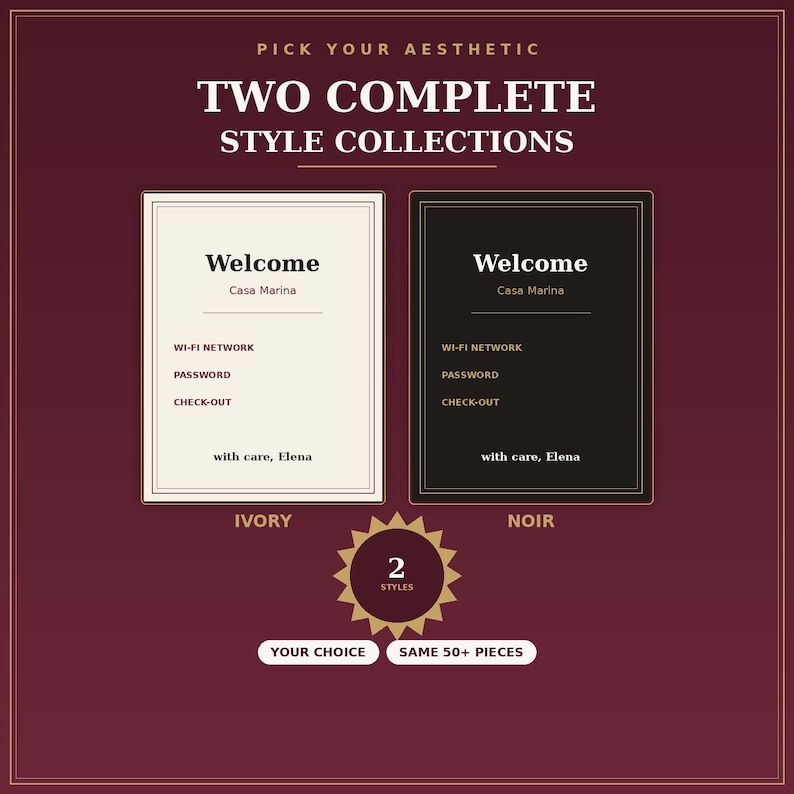 K&ouml;nnte beinhalten: Zwei rechteckige Willkommensschilder f&uuml;r Casa Marina, eines in Elfenbein und eines in Schwarz, mit Text f&uuml;r WLAN-Netzwerk, Passwort und Check-out. Die Grafik enth&auml;lt den Text Pick Your Aesthetic, Two Complete Style Collections, 2 Styles, Your Choice und Same 50+ Pieces auf einem dunkelroten Hintergrund.