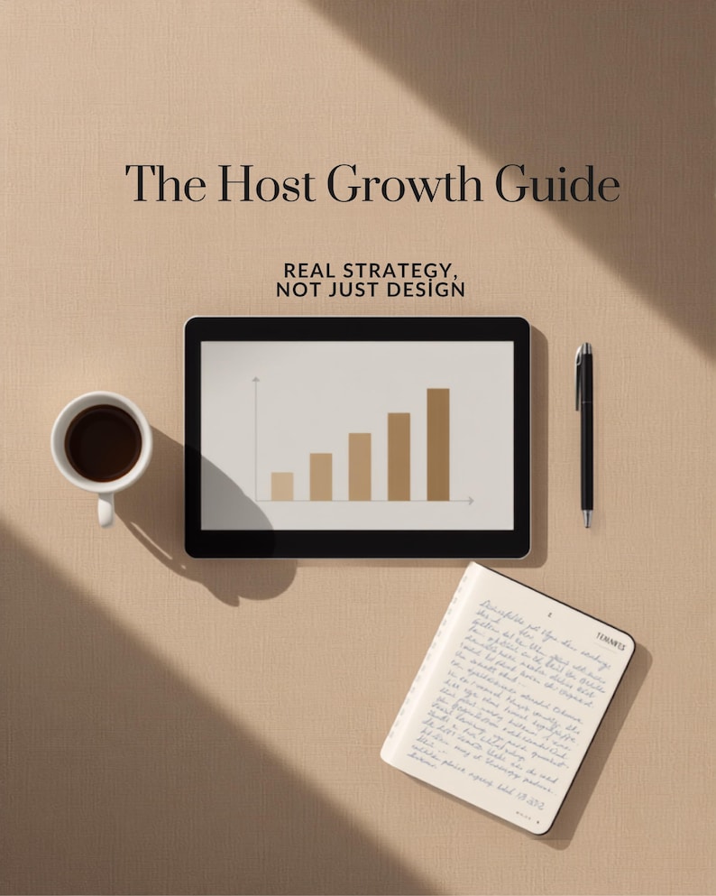 K&ouml;nnte beinhalten: Ein digitales Tablet mit einem Balkendiagramm, eine wei&szlig;e Tasse mit schwarzem Kaffee, ein schwarzer Stift und ein offenes Notizbuch mit handschriftlichem Text. Der Text lautet The Host Growth Guide und REAL STRATEGY, NOT JUST DESIGN auf beigem Grund.