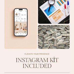 K&ouml;nnte beinhalten: Ein digitales Marketing-Kit mit einem Smartphone, das ein Instagram-Profil anzeigt, einer Lupe &uuml;ber einem farbigen Datendiagramm und einem gro&szlig;en Stapel US-Dollar-Scheine. Der Text lautet: ELEVATE YOUR PRESENCE INSTAGRAM KIT INCLUDED Growth Guide & Social Templates.